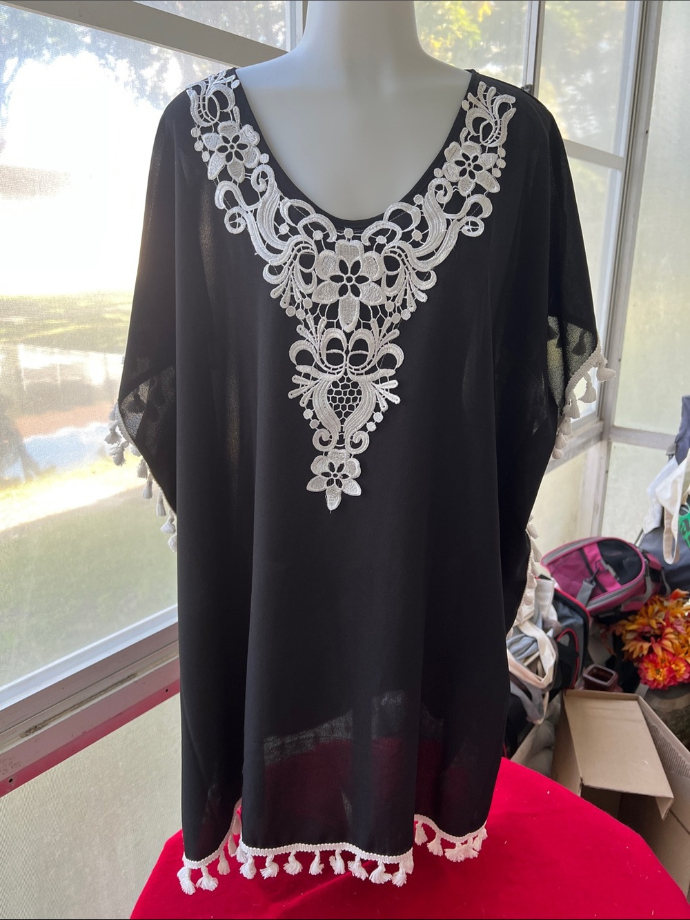 Yincro Black Tunic Top with White Embroidered V-Neck and Pom Trim NWT